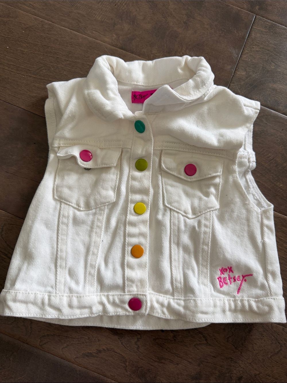 Betsey Johnson White Kids Denim Vest with Rainbow Snap Buttons